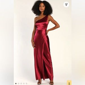 Lulu’s Alluring Arrival Wine Red Satin one shoulder maxi dress